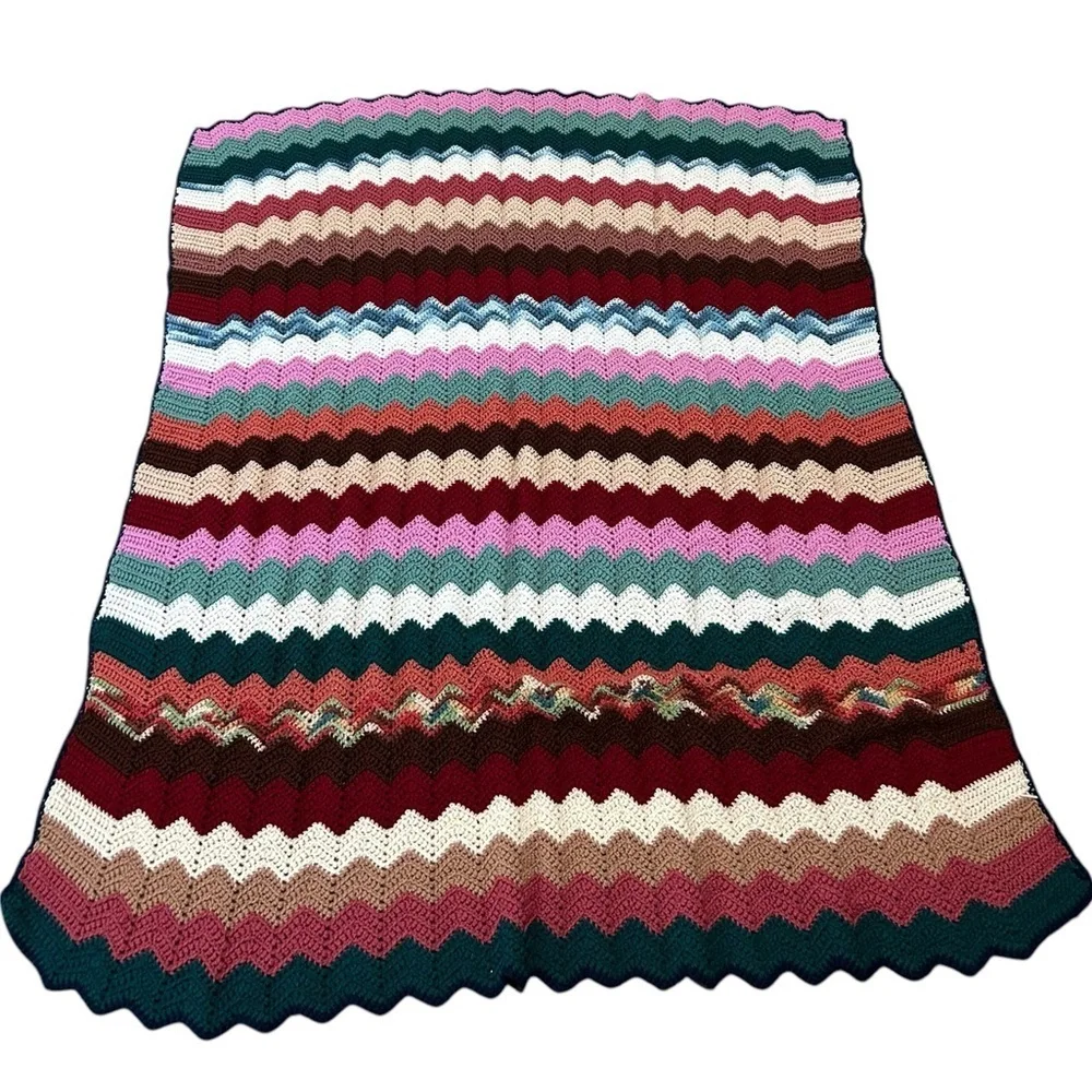 Handmade Vintage Afghan Throw Blanket Zigzag Colorful Chevron Pattern 60 X 65